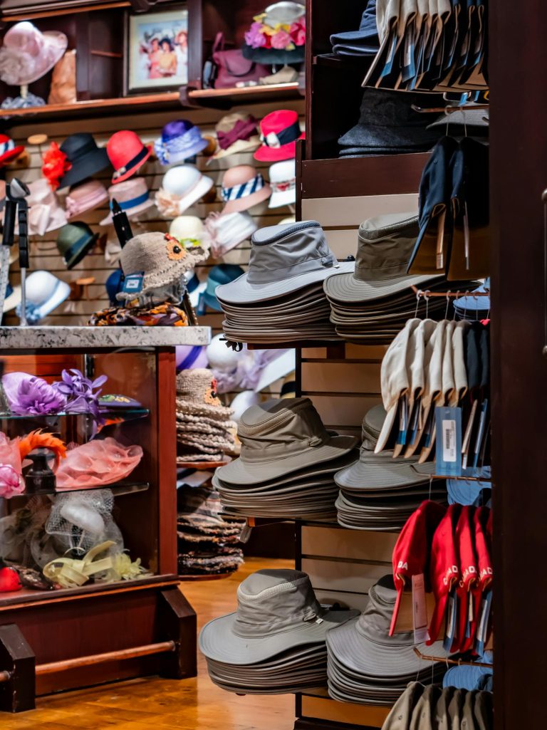 Diverse array of hats on shelves in a Niagara-on-the-Lake boutique.
