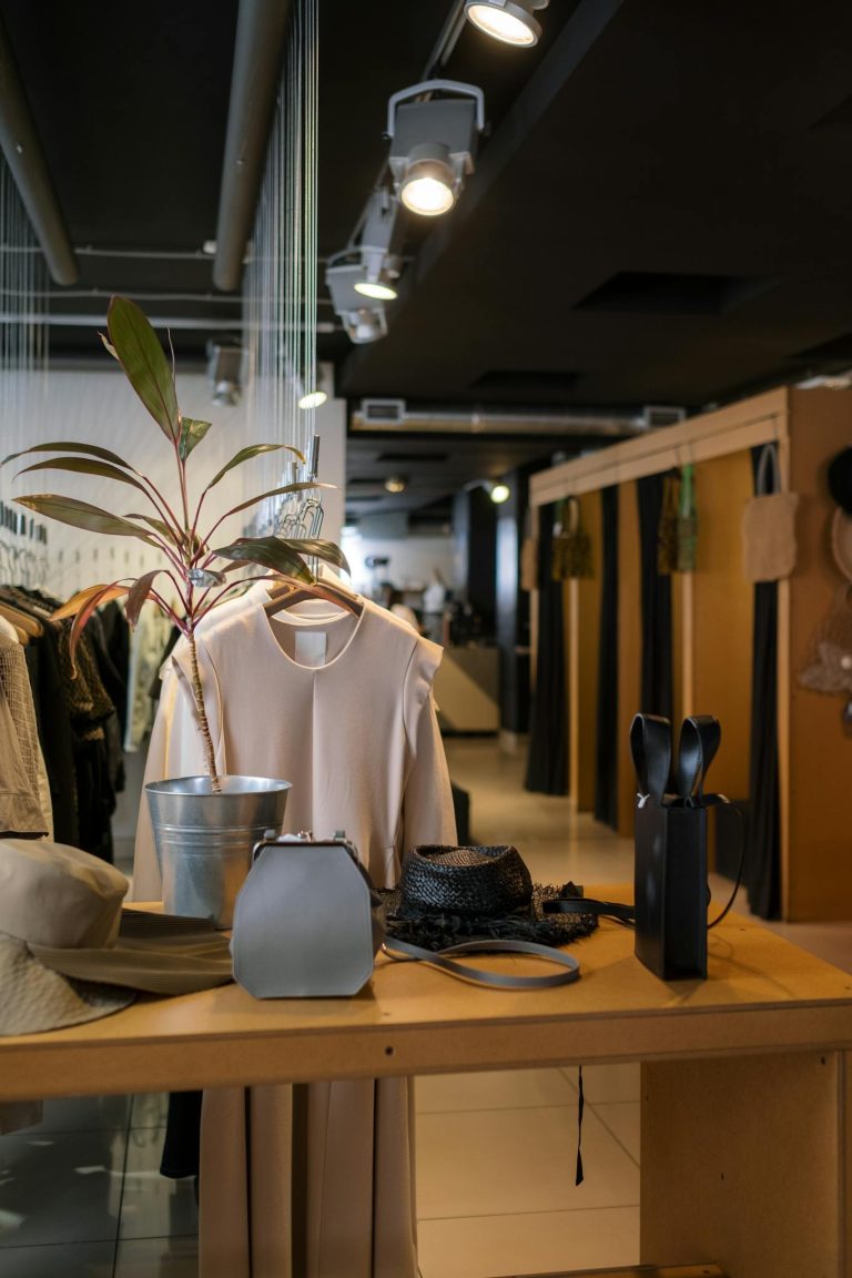 Stylish clothing store interior with modern retail display showcasing fashion and accessories.